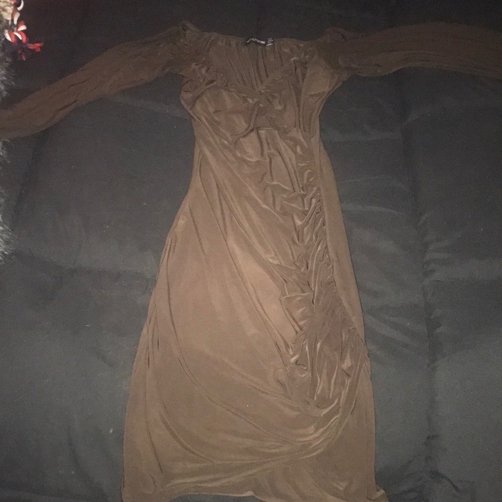 Brown body con off the shoulder dress.